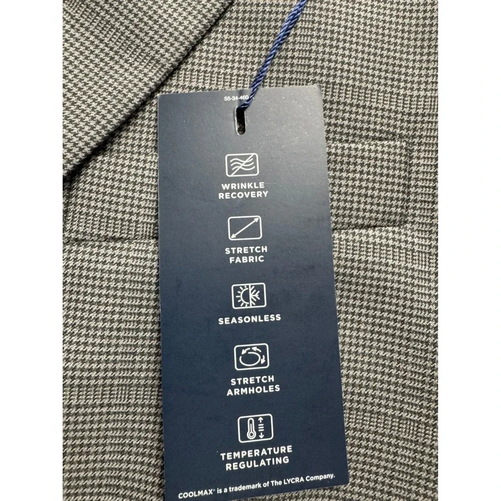 Stafford CoolMax EcoMade Gray Houndstooth Performance Wool Suit Jacket 46R NEW